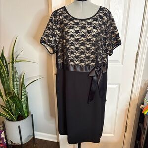 Jessica London black lace cocktail dress with a ribbon waist tie, 18W